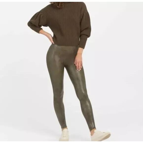 Spanx Women's Faux Leather Croc Shine Leggings Stretch Darkened Olive Size Large - Picture 1 of 16